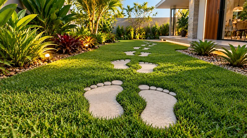 Pisantes claros em formato de pés formando um caminho no gramado, entre plantas iluminadas e uma casa.