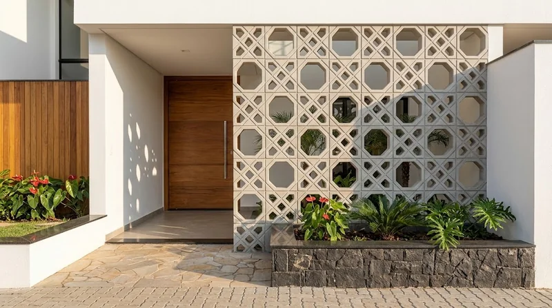Painel de cobogós de concreto com desenho geométrico na entrada de uma casa, junto a um canteiro.