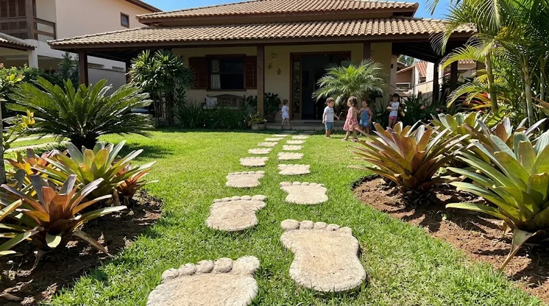 Caminho de pisantes em formato de pés sobre o gramado até a varanda de uma casa.
