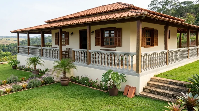 Balaústres claros contornando a varanda de uma casa com telhado cerâmico.