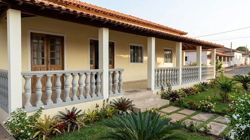 Balaústres de concreto entre os pilares de uma varanda voltada para o jardim.