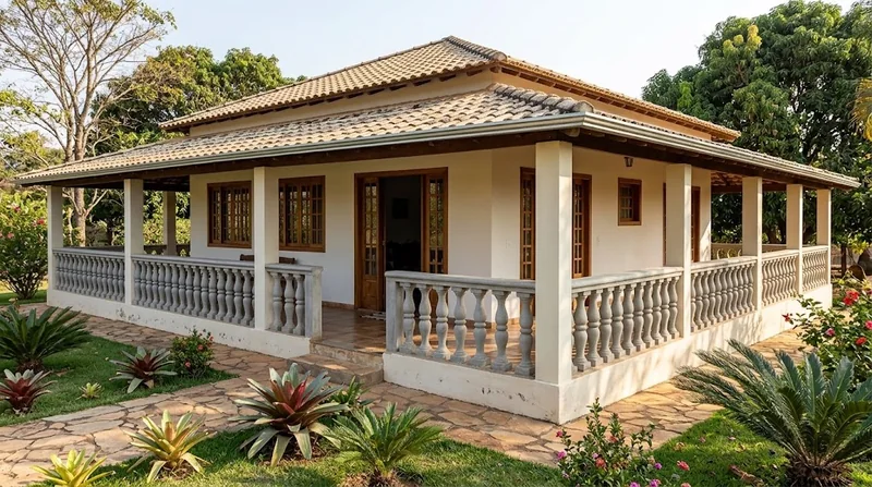 Balaústres de concreto ao redor da varanda de uma casa térrea com jardim.