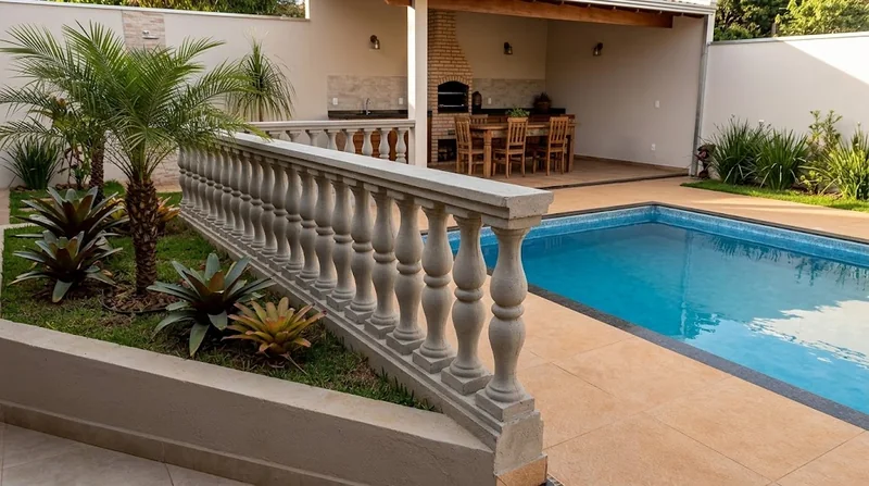 Guarda-corpo com balaústres de concreto ao lado de uma piscina e de um jardim.