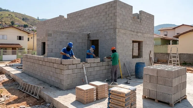 Paredes de blocos de concreto em construção, com trabalhadores e materiais no canteiro.