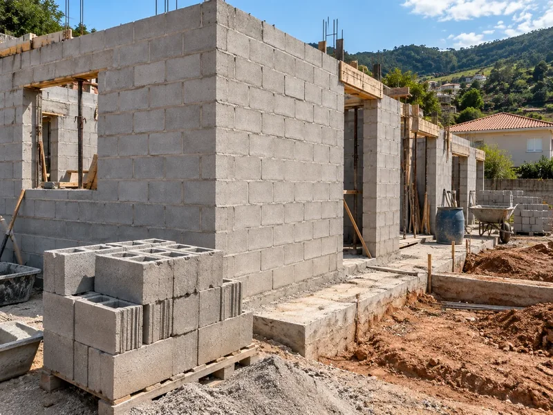 Blocos de concreto sobre um palete ao lado de paredes de alvenaria em construção.
