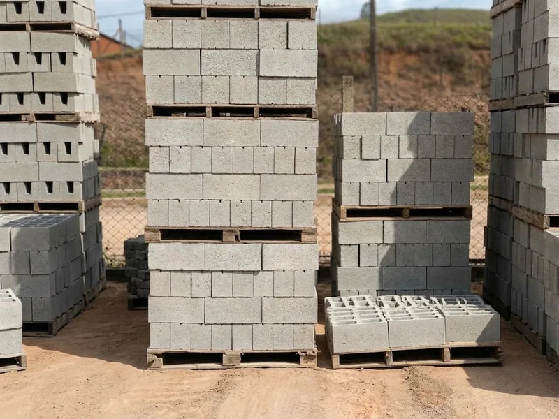 Pilhas de blocos de concreto em paletes, com peças vazadas visíveis na frente.