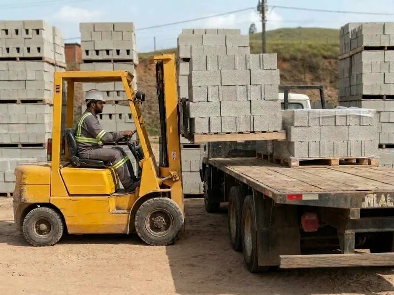 Empilhadeira posicionando um palete de blocos de concreto junto à carroceria de um caminhão.