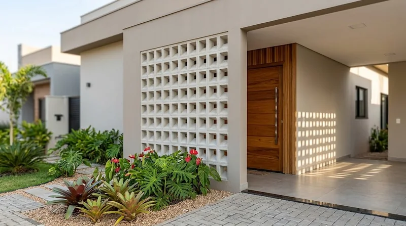 Painel de cobogós com aberturas quadradas ao lado da entrada de uma casa.