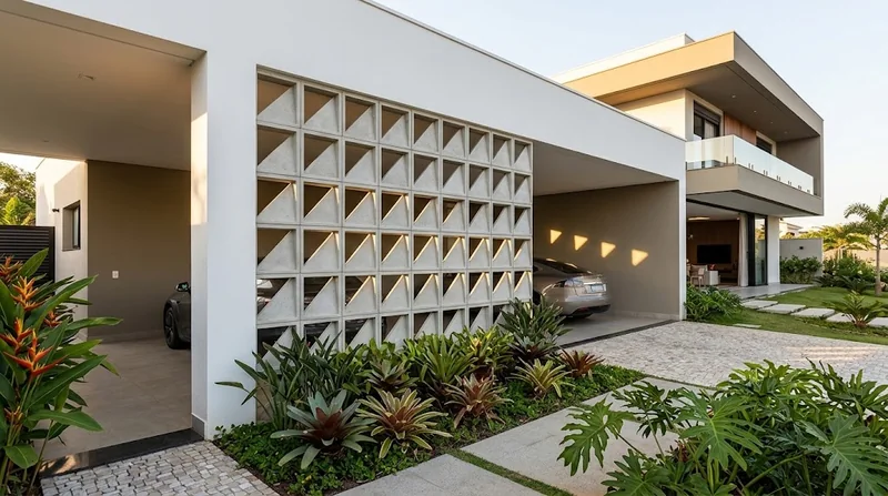 Painel de cobogós com aberturas triangulares em uma fachada com jardim.