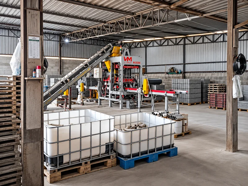 Máquina de produção no galpão, com esteira e reservatórios sobre paletes.