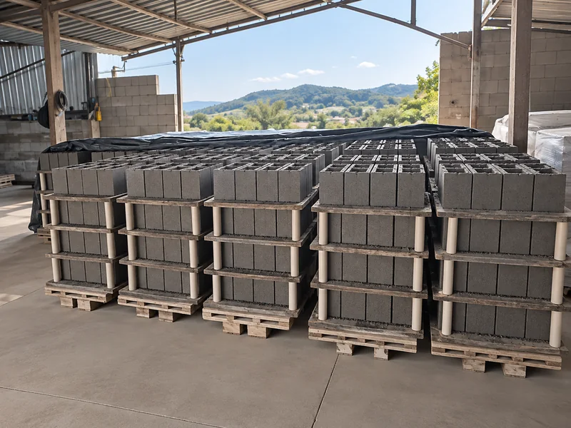 Blocos de concreto organizados em fileiras sobre paletes dentro do galpão.