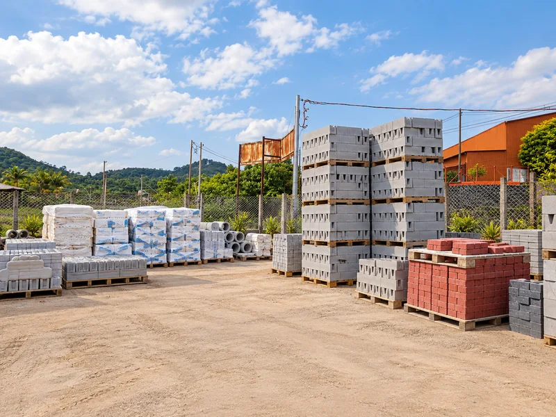 Pátio com blocos de concreto empilhados e peças vermelhas sobre paletes.