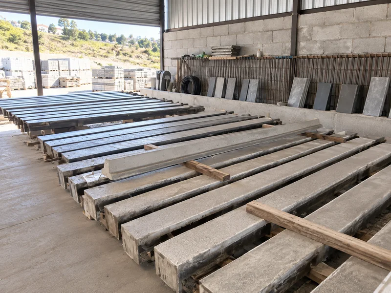 Peças compridas de concreto alinhadas sobre apoios no interior do galpão.