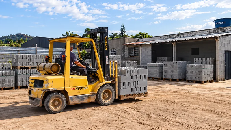 Empilhadeira com blocos de concreto no pátio da fábrica.