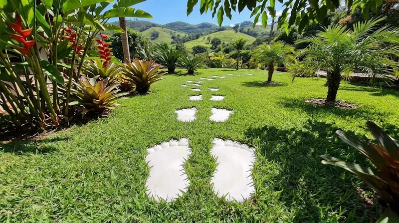 Pisantes claros em formato de pés nivelados com a grama em um jardim tropical.