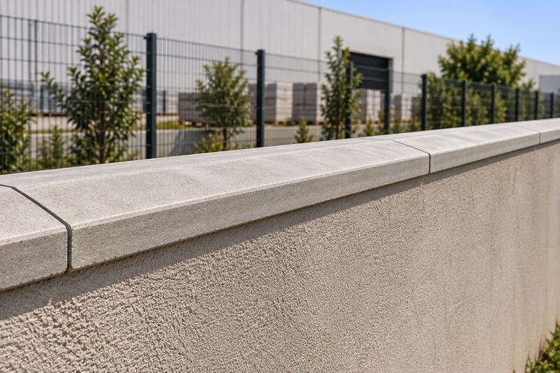 Pingadeiras de concreto alinhadas no topo de um muro, com cerca e galpão ao fundo.