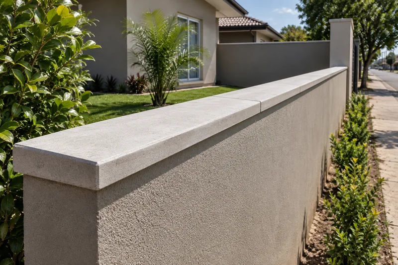 Pingadeira de concreto acompanhando um muro de jardim até um pilar junto à calçada.