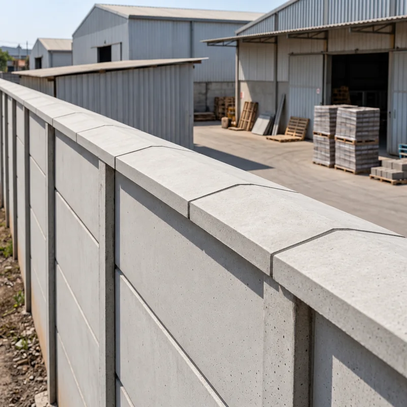 Pingadeiras de concreto sobre um muro de placas em área com galpões e paletes.