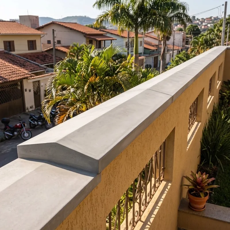 Pingadeira de concreto com topo inclinado sobre muro amarelo, diante de uma rua residencial.