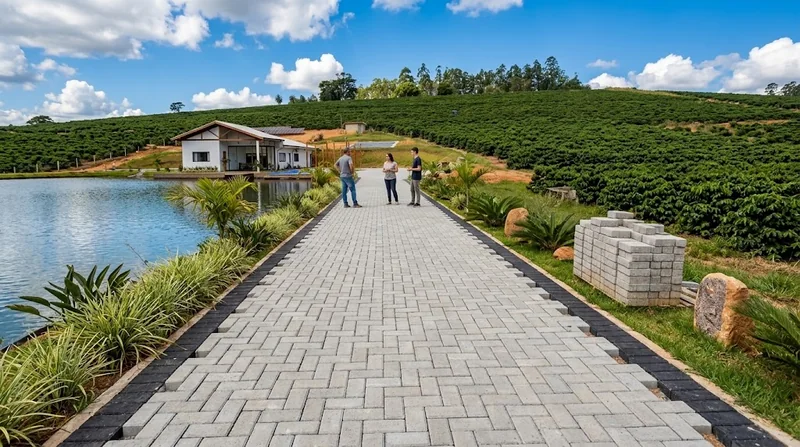 Caminho de piso intertravado cinza ao lado de um lago, com peças empilhadas na lateral.