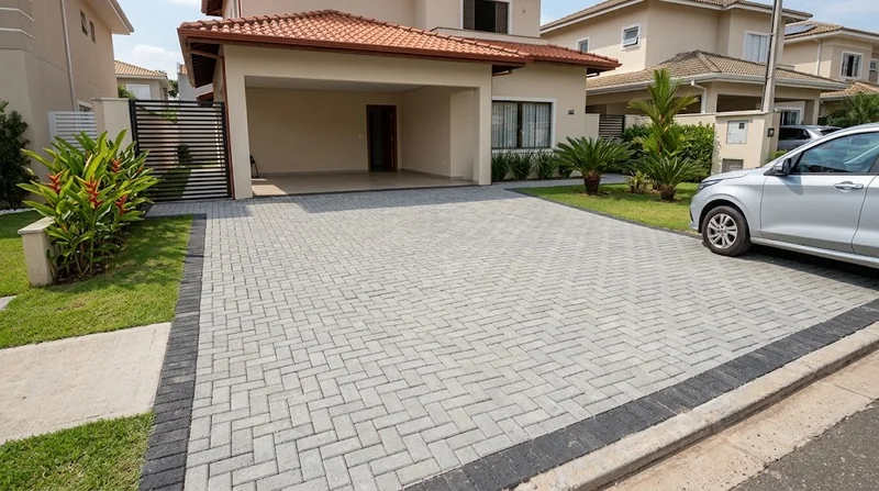 Piso intertravado cinza no acesso a uma garagem residencial, contornado por peças escuras.
