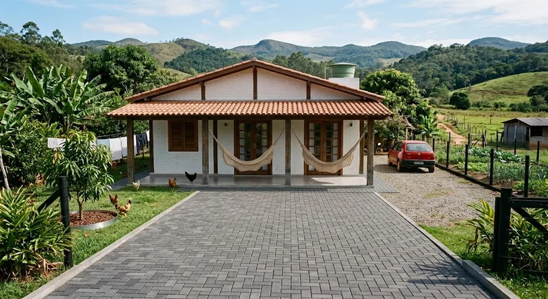 Piso intertravado cinza diante de uma casa com varanda, redes e jardim.