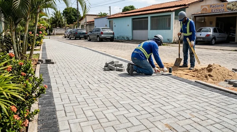 Duas pessoas assentando peças de piso intertravado em uma calçada com areia e blocos ao lado.