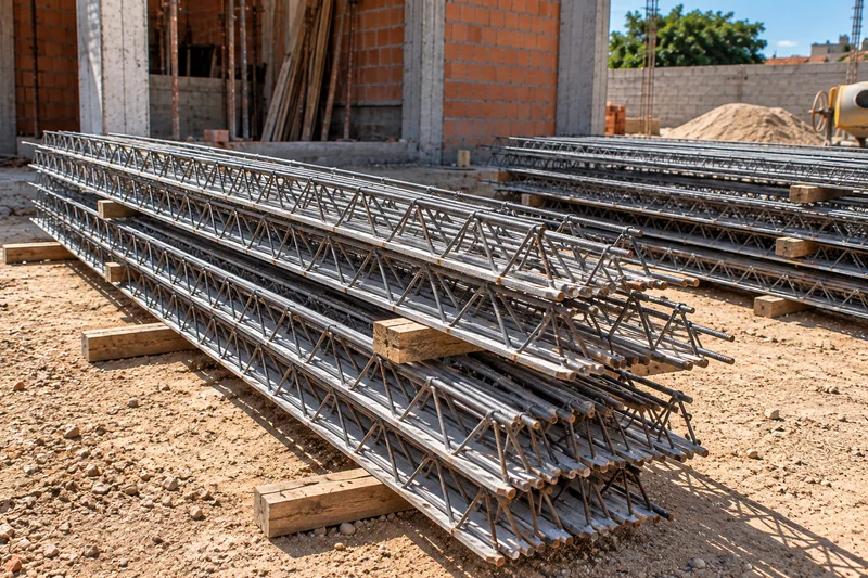 Vigotas treliçadas empilhadas sobre apoios de madeira em um canteiro de obras.