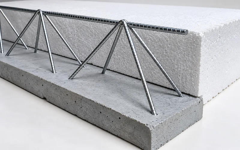 Detalhe de vigota de concreto com treliça metálica ao lado de uma peça branca de enchimento.