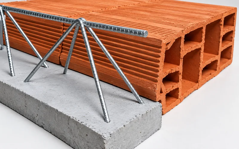 Vigota de concreto com treliça metálica ao lado de blocos cerâmicos de enchimento.