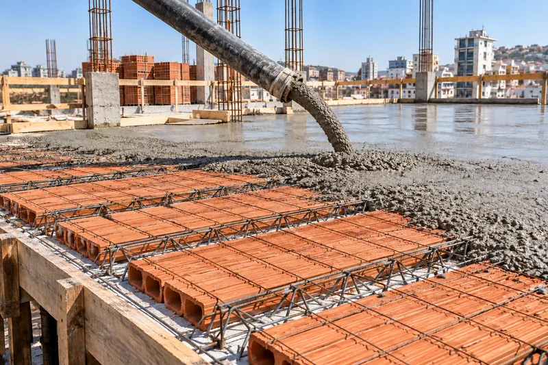 Concreto sendo lançado sobre uma laje com vigotas, blocos cerâmicos e armadura metálica.