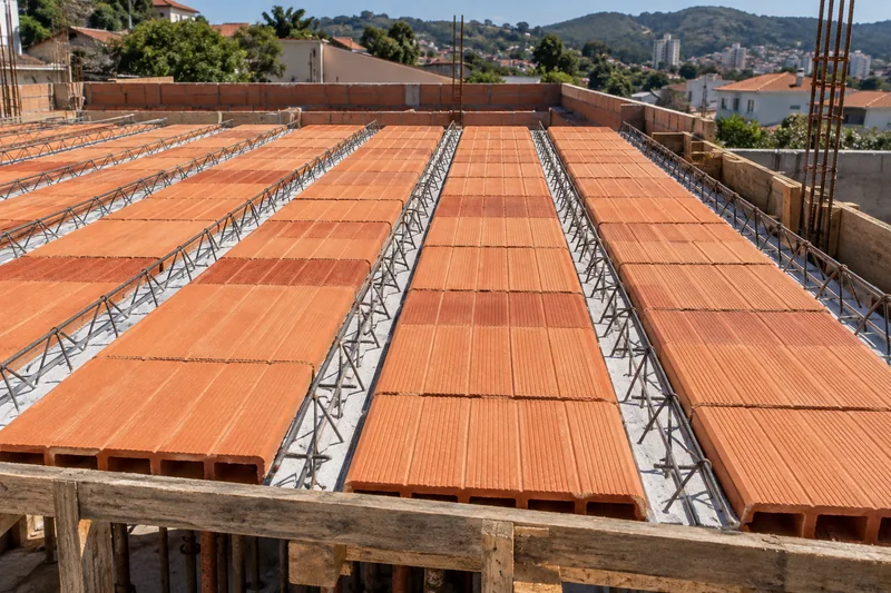 Fileiras de blocos cerâmicos entre vigotas treliçadas durante a montagem de uma laje.