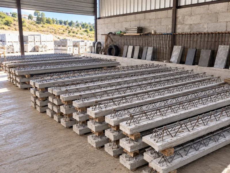 Vigotas de concreto com treliças metálicas empilhadas sobre apoios em um galpão.