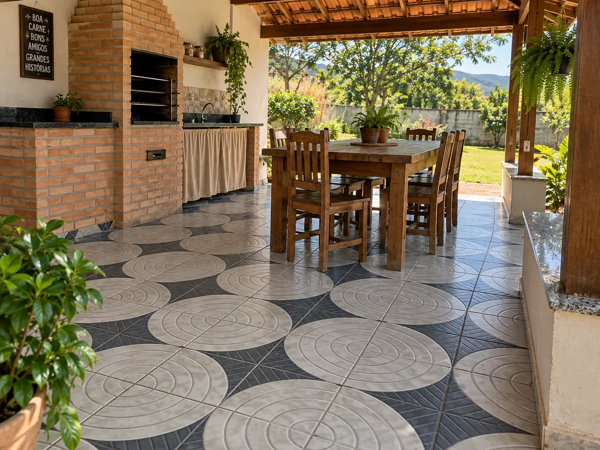 Ladrilhos com desenho circular cinza em uma área coberta com churrasqueira.