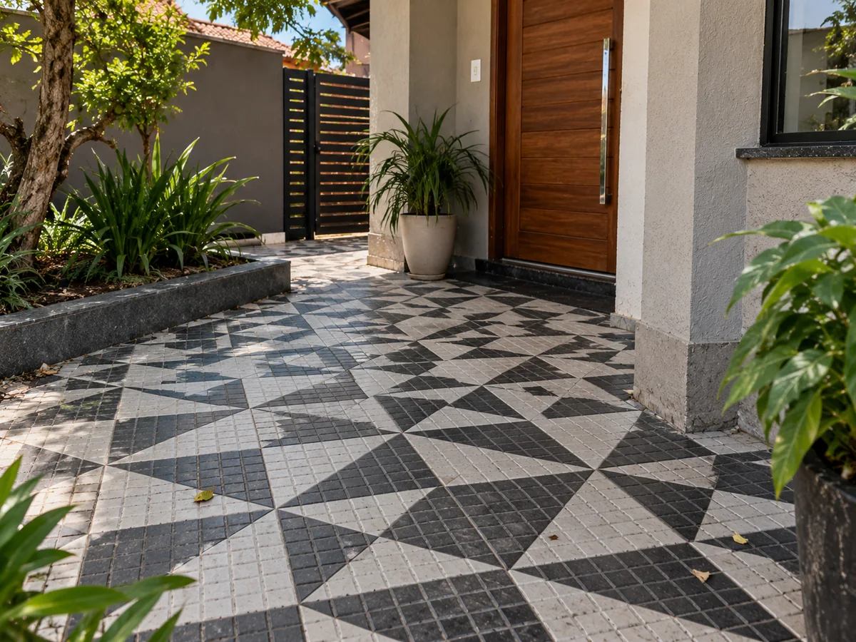 Ladrilhos com desenho geométrico em cinza claro e escuro na entrada de uma residência.