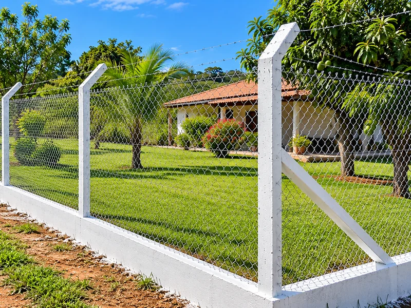 Alambrado com mourões de concreto, apoio diagonal e casa com jardim ao fundo