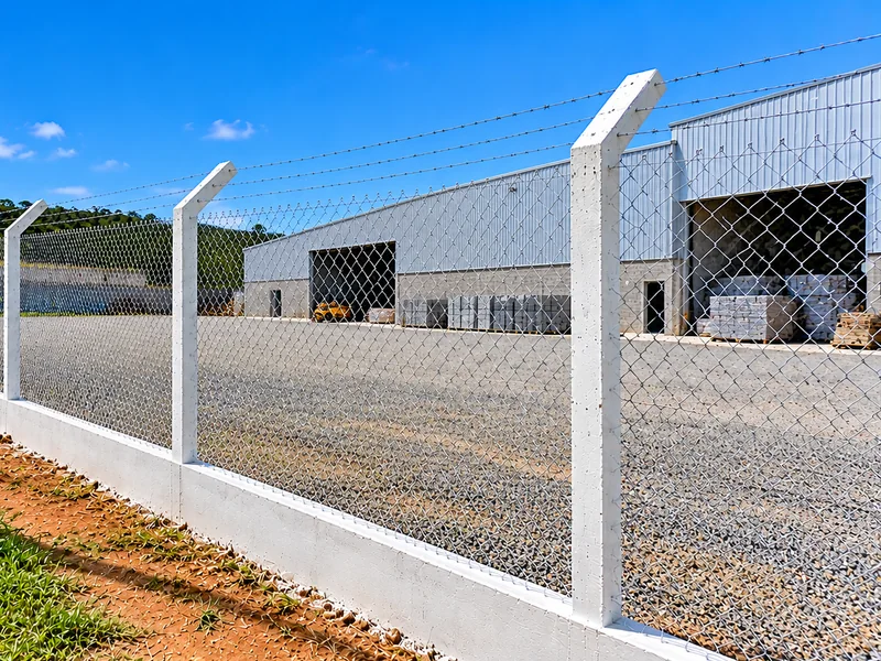 Mourões de concreto com extremidade inclinada em alambrado diante de um galpão