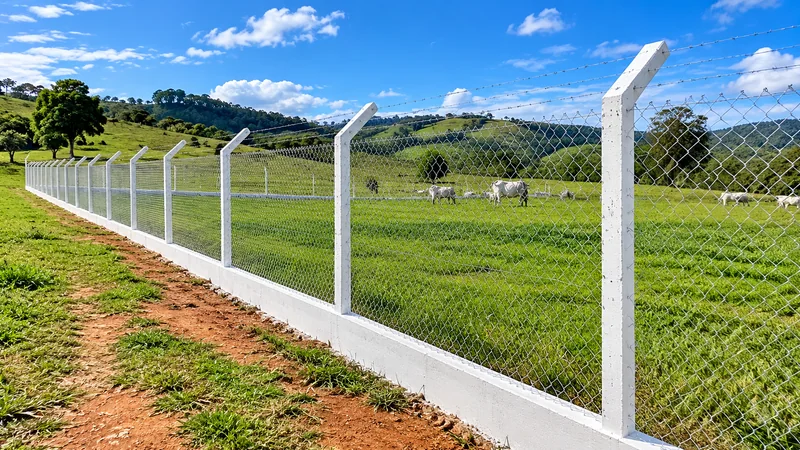 Mourões de concreto com extremidade inclinada sustentando alambrado junto a uma pastagem