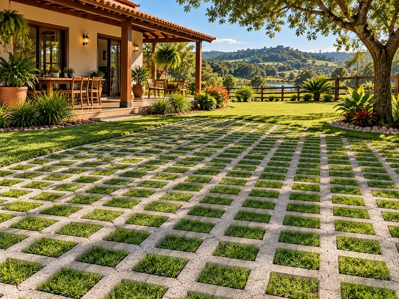 Pisograma com grama diante da varanda de uma casa, com árvore à direita e paisagem verde ao fundo.
