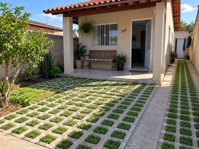 Pisograma com grama na frente de uma casa com varanda e no corredor lateral, junto a plantas e uma árvore.