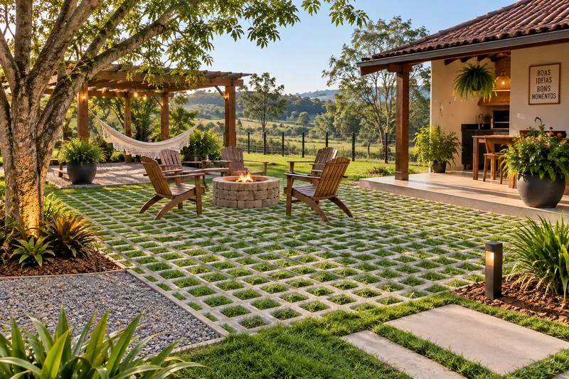 Pisograma em jardim com cadeiras ao redor de uma fogueira circular, pergolado com rede e varanda ao fundo.