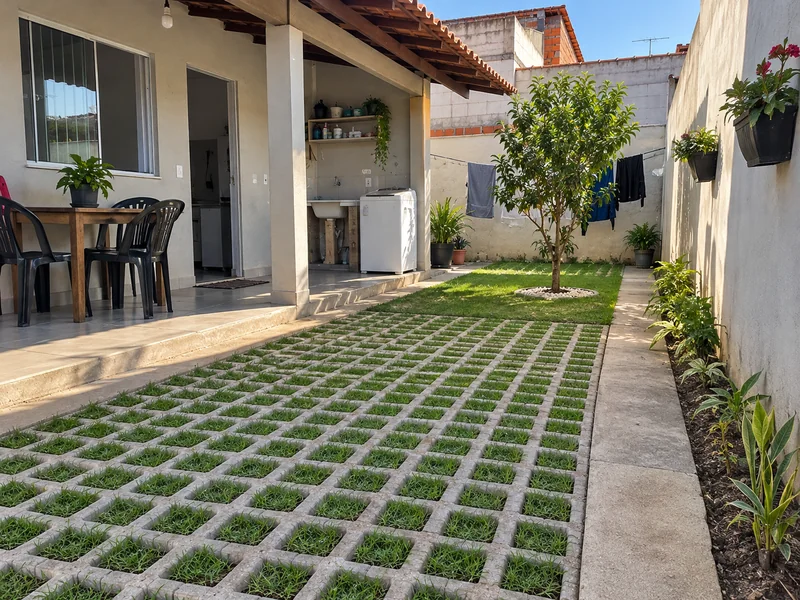Pisograma com grama em um pátio entre a varanda com lavanderia e um canteiro, com uma árvore ao fundo.