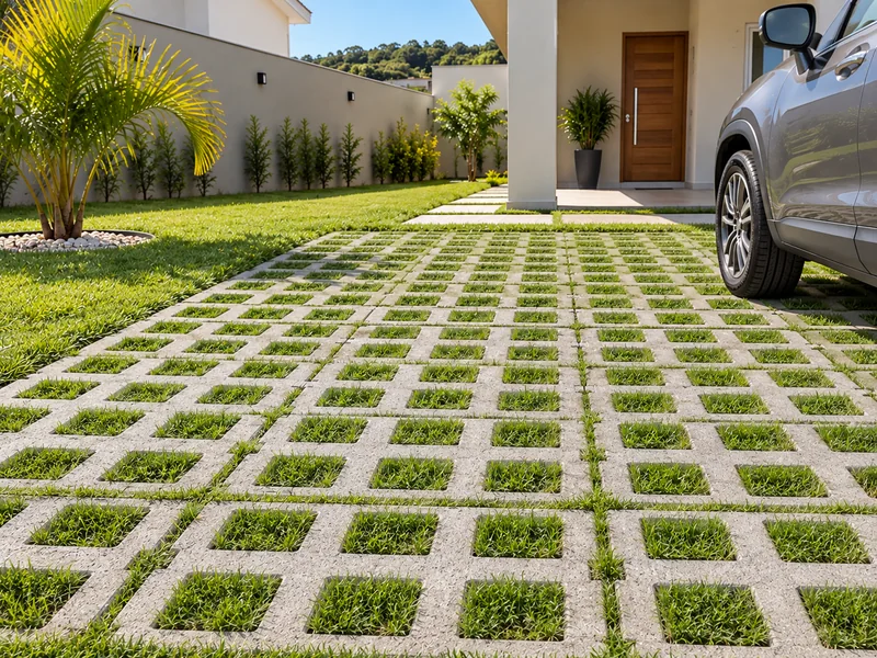 Pisograma com grama nos vazados em uma entrada residencial, com um carro à direita e jardim à esquerda.